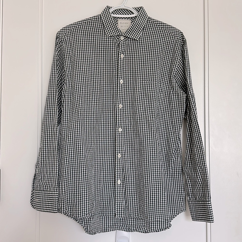 Like New Billy Reid Standard Cut Medium Green Gingham Cotton Button-Up Shirt